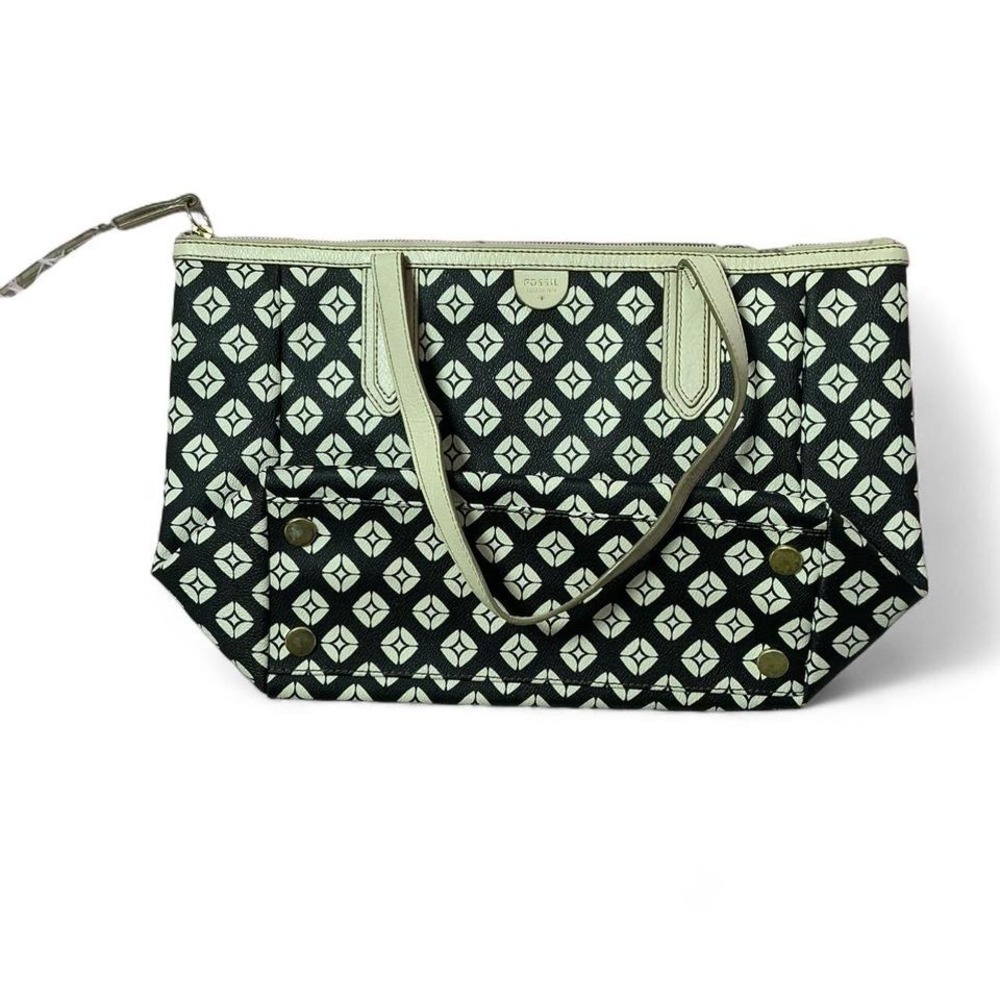 Fossil Tote‎ Bag Black White Geometric Print Coated Canvas Purse Handbag - Picture 2 of 8